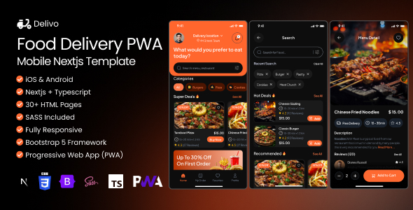 Delivo - Food Delivery HTML, Next.js, React.js PWA + Dashboard