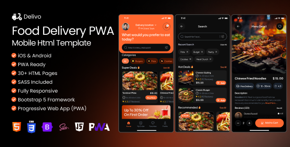 Delivo - Food Delivery HTML, Next.js, React.js PWA + Dashboard