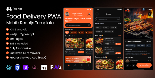 Delivo - Food Delivery HTML, Next.js, React.js PWA + Dashboard